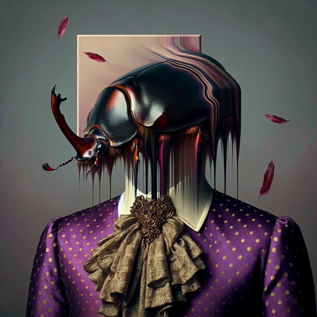 Elegant Beetle-Headed Figure in Surreal Setting