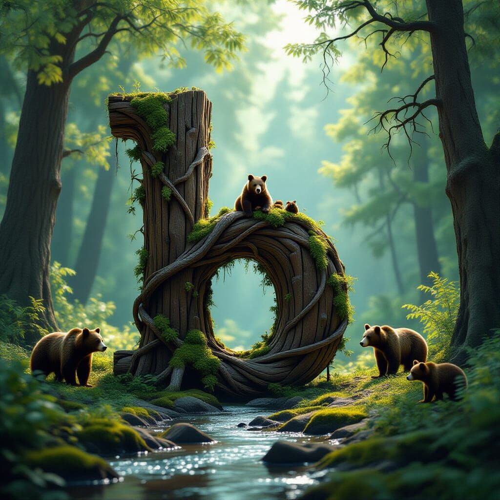 Giant Wooden 'b' in Sun-Dappled Forest with Bears