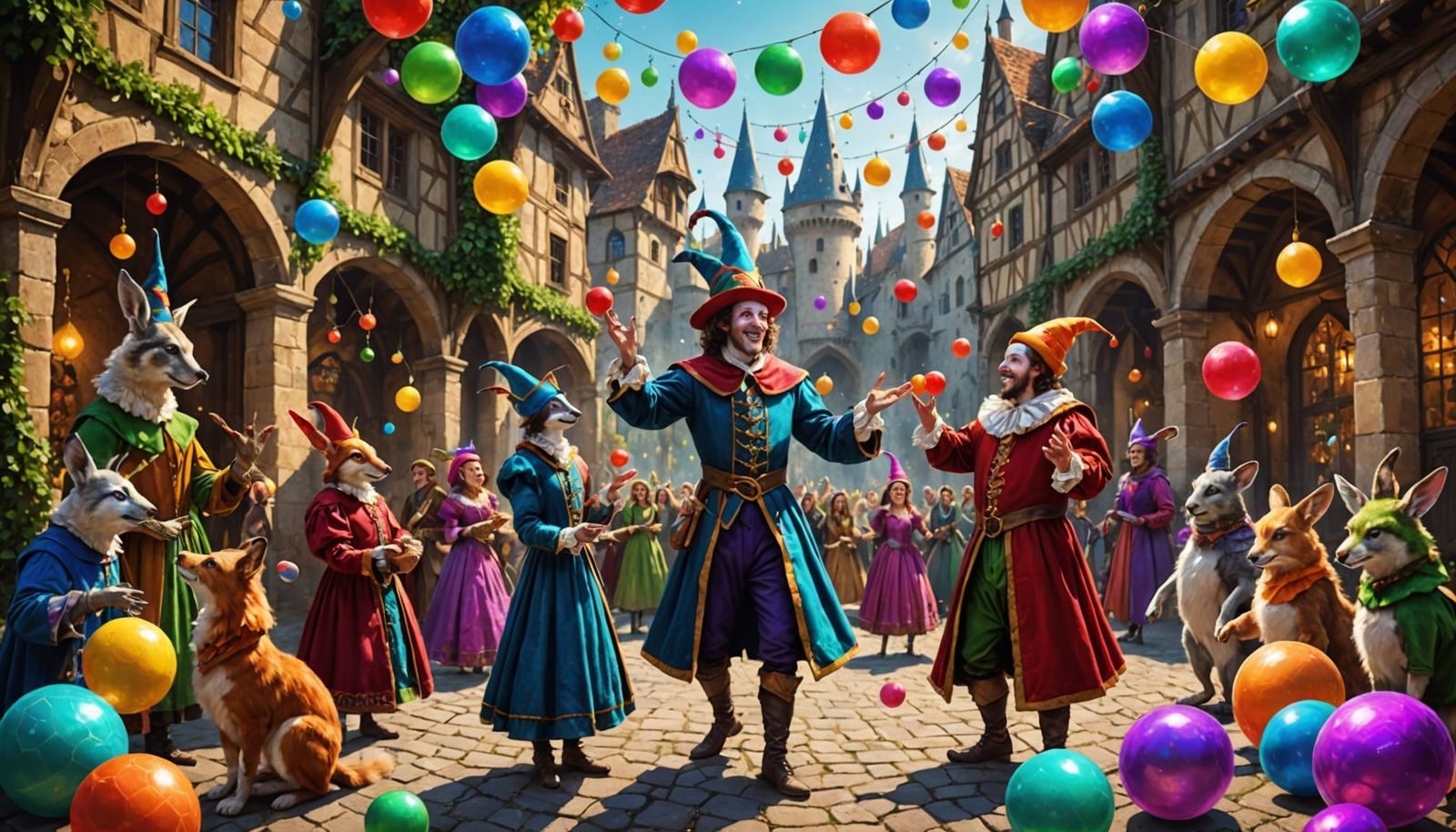 Whimsical Jester in Vibrant Medieval Courtyard