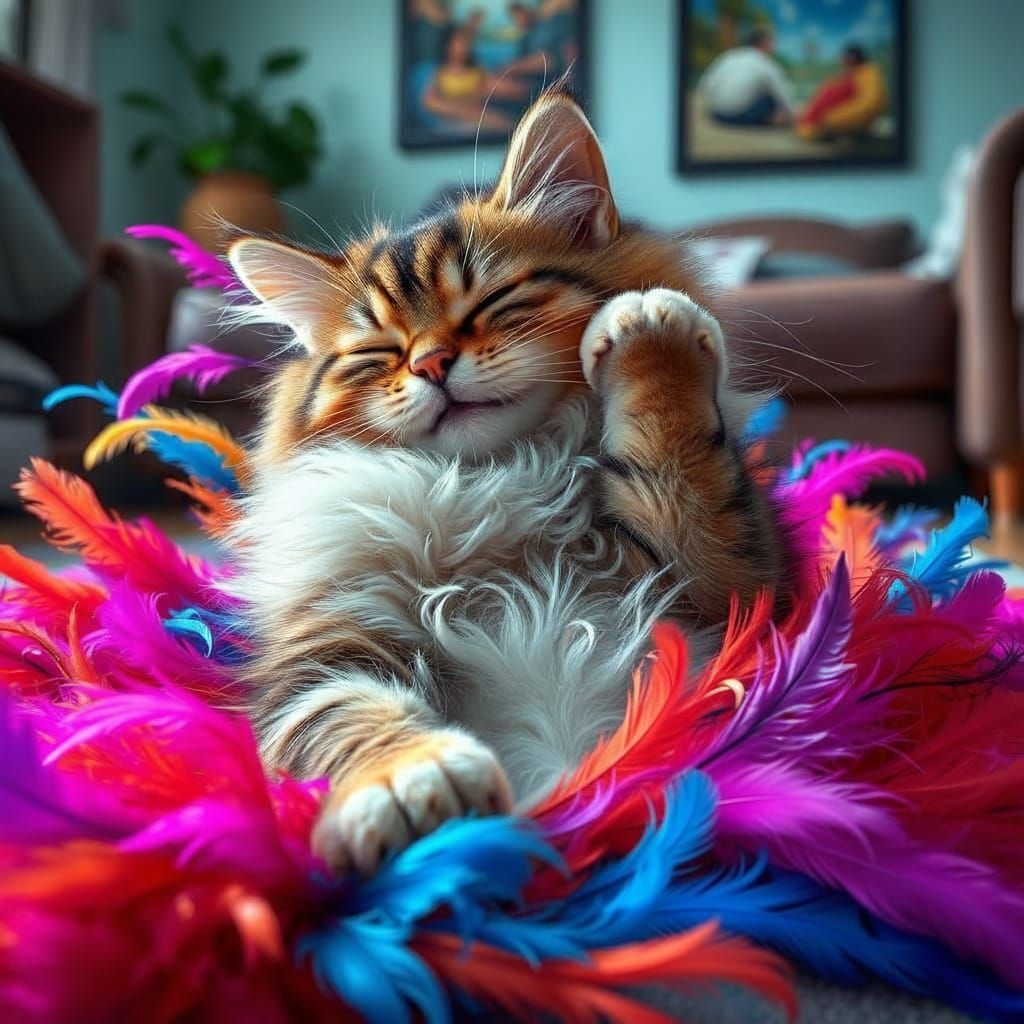 Tabby Cat Plays in Colorful Feathers