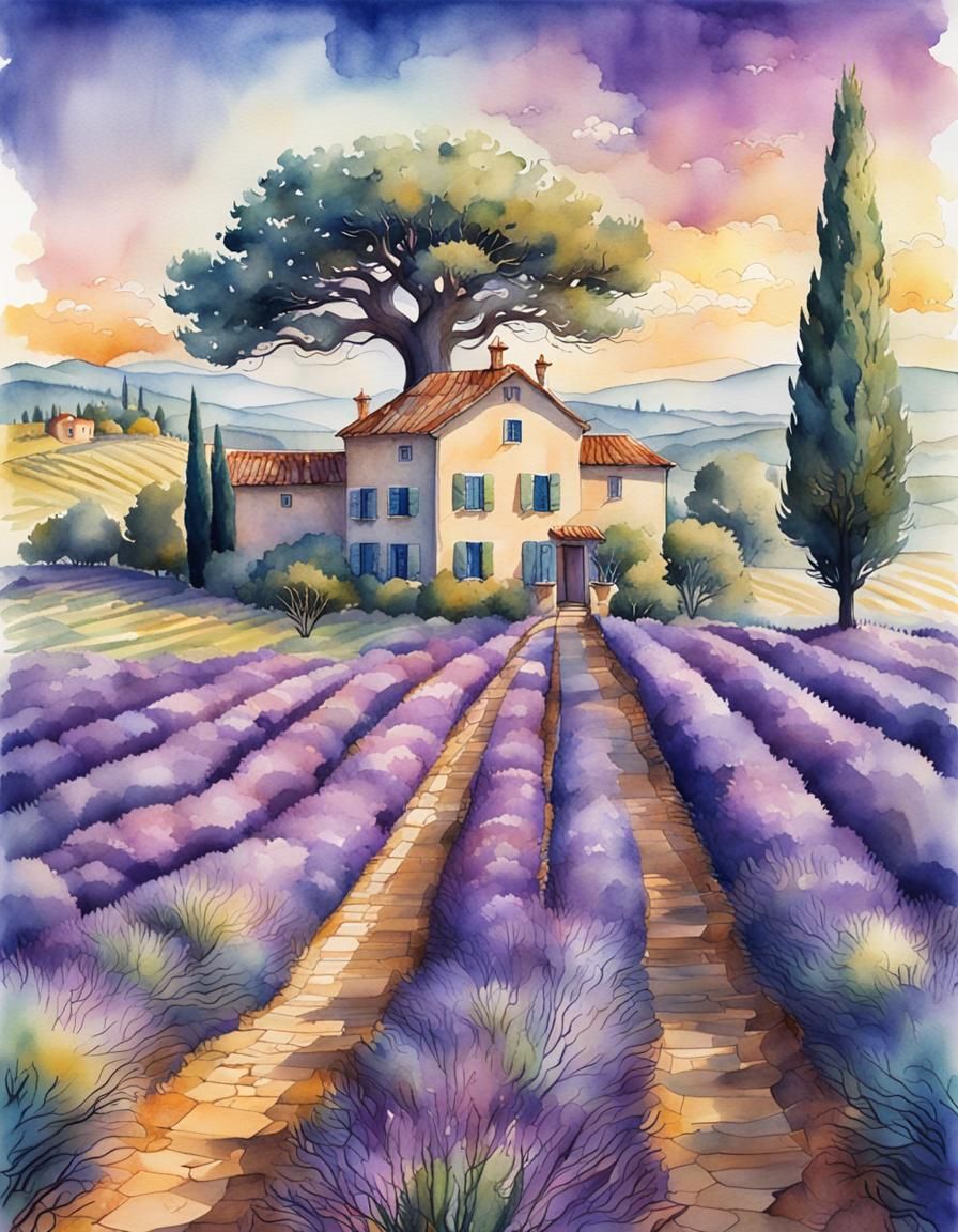 Provence Lavender Fields: Watercolor Double Exposure