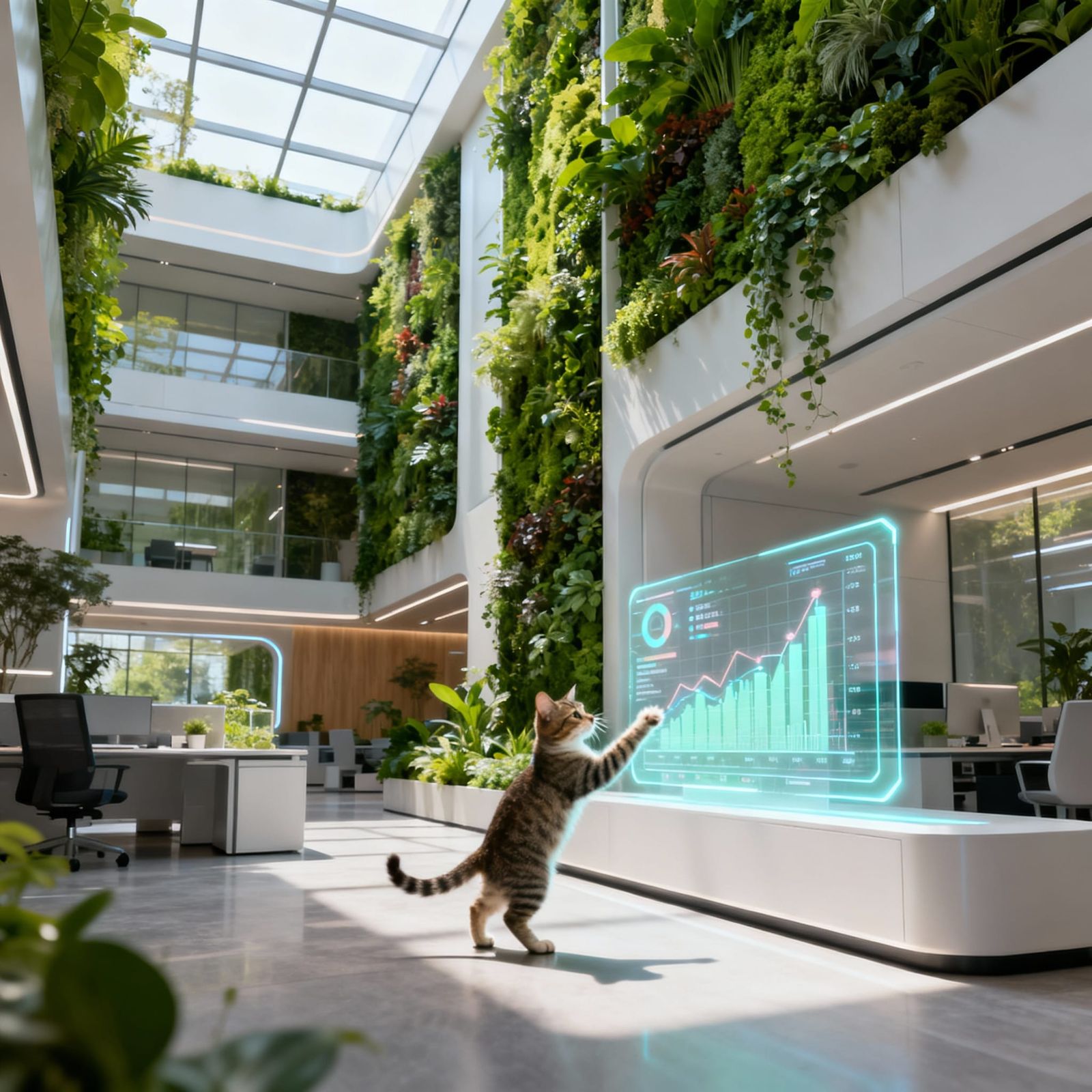 Futuristic Office Interior With Biophilic Design and Hologra...