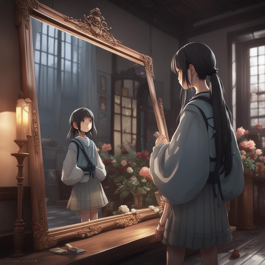 Girl and Mother's Reflection: 3D Anime Art