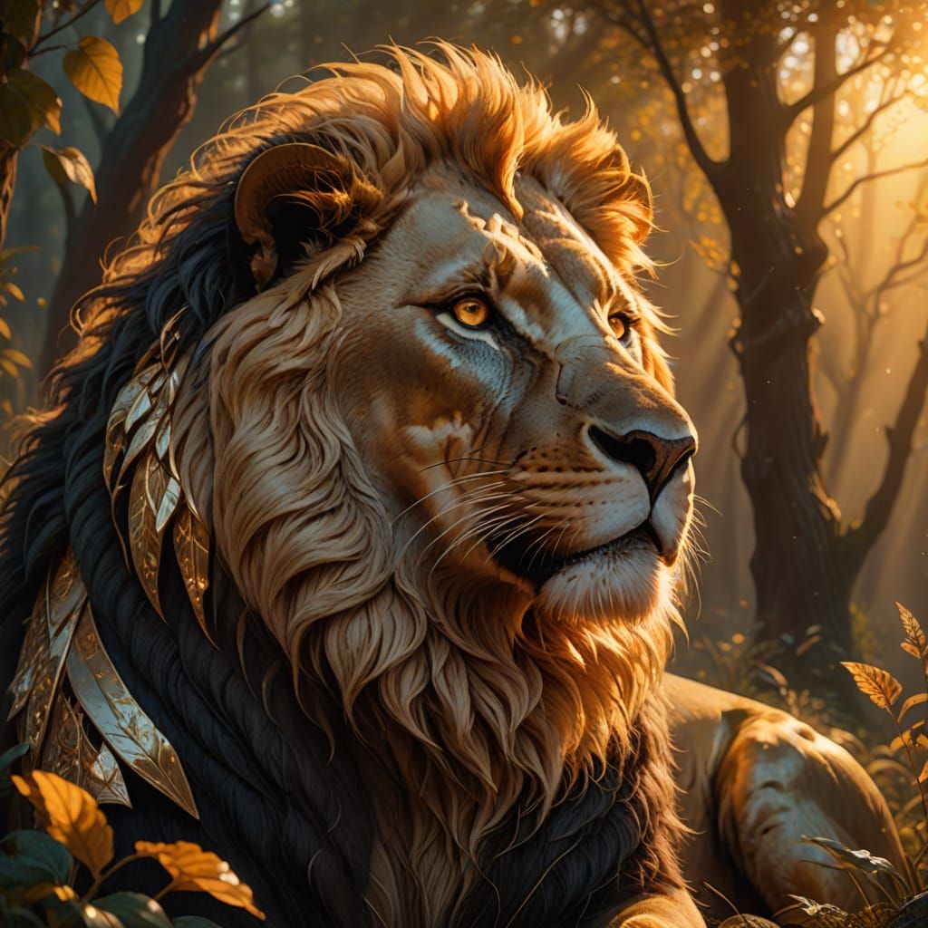 Majestic Lion in Golden Hour Fantasy Lighting