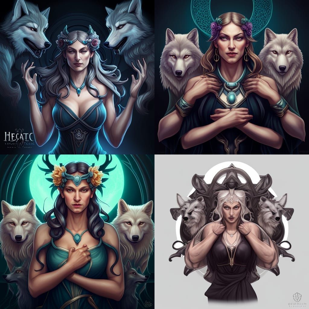 Mystical Three-Faced Woman with Wolves, Detailed Portrait