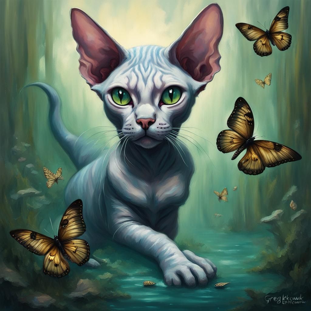 Sinister Cat-Mermaid Playing with Butterflies