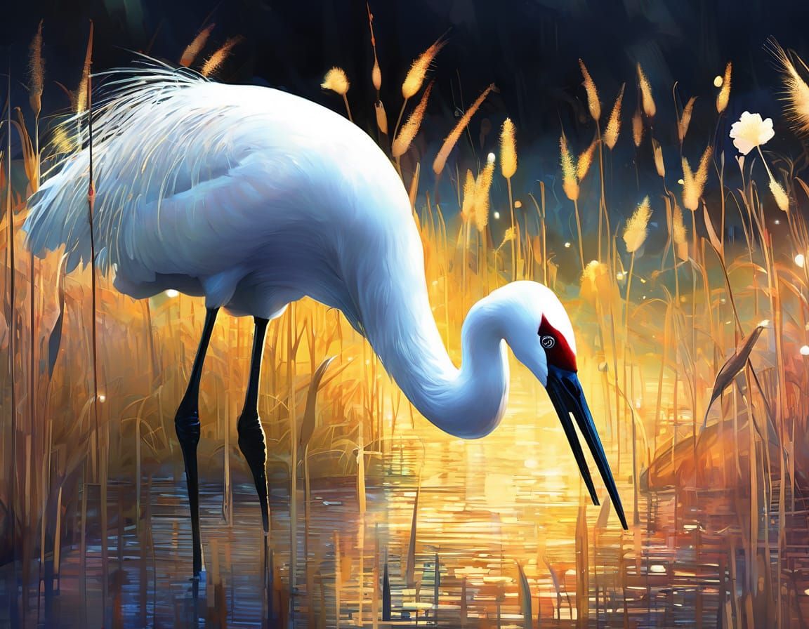 Ethereal Crane with Bioluminescent Flowers