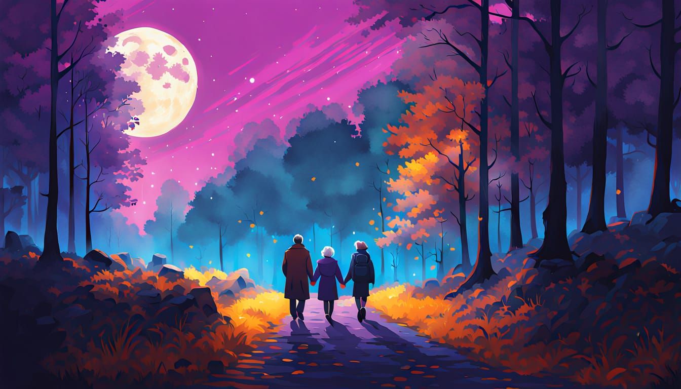 Elderly Couple in Mystical Autumn Forest, Fantasy Art