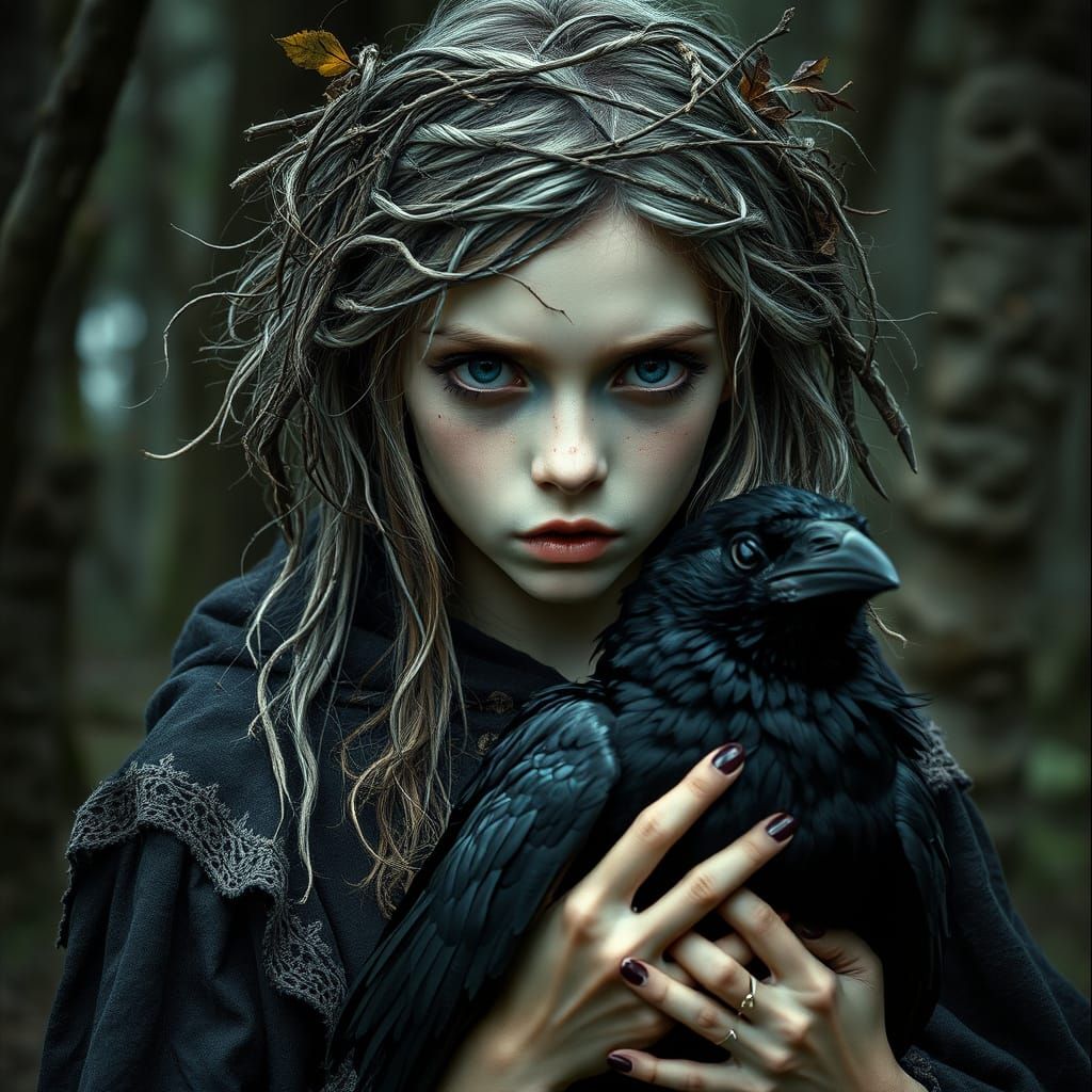 Ethereal Witch with Raven in Dark Fairy Tale Forest