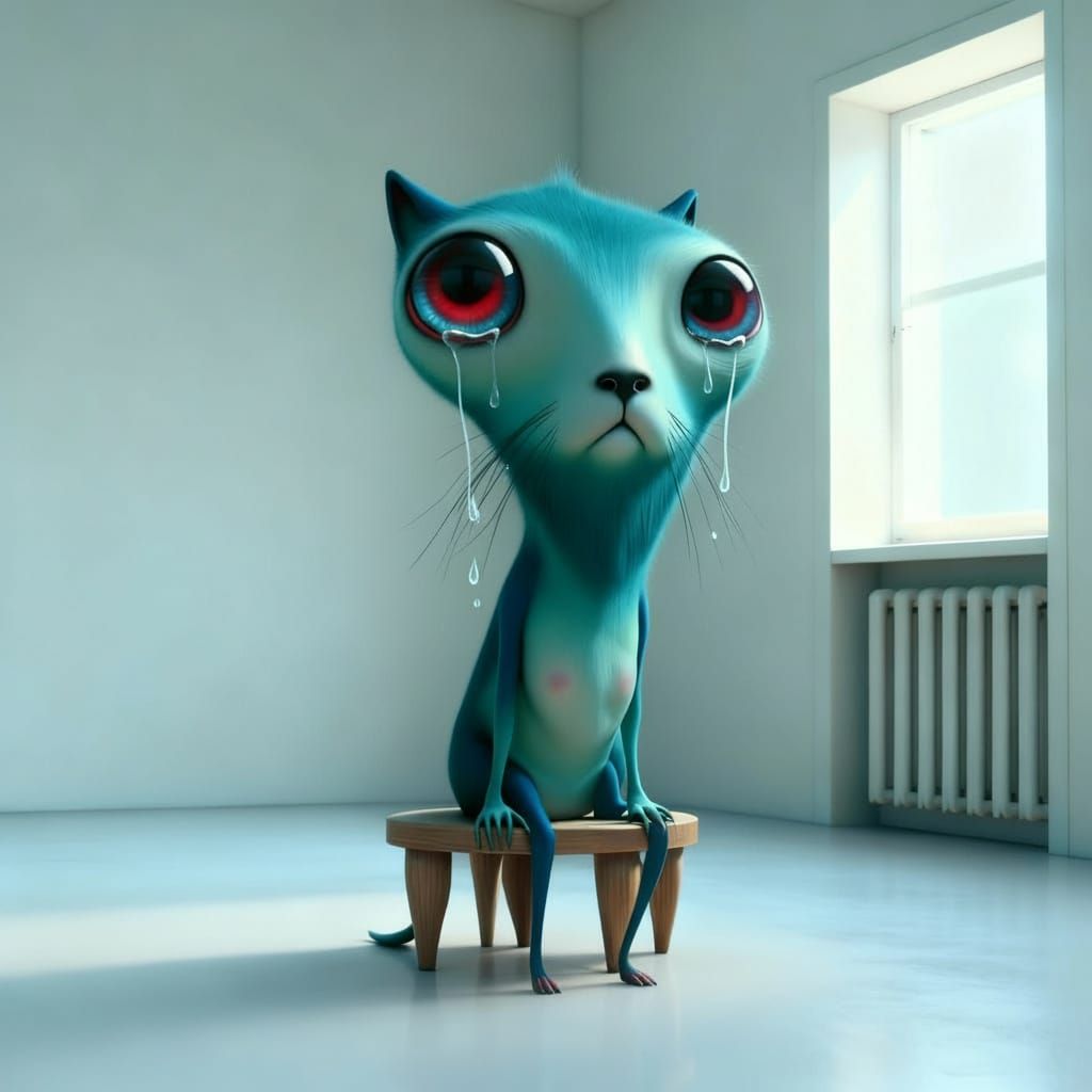Sad Feline-Bear Creature in Bare Room