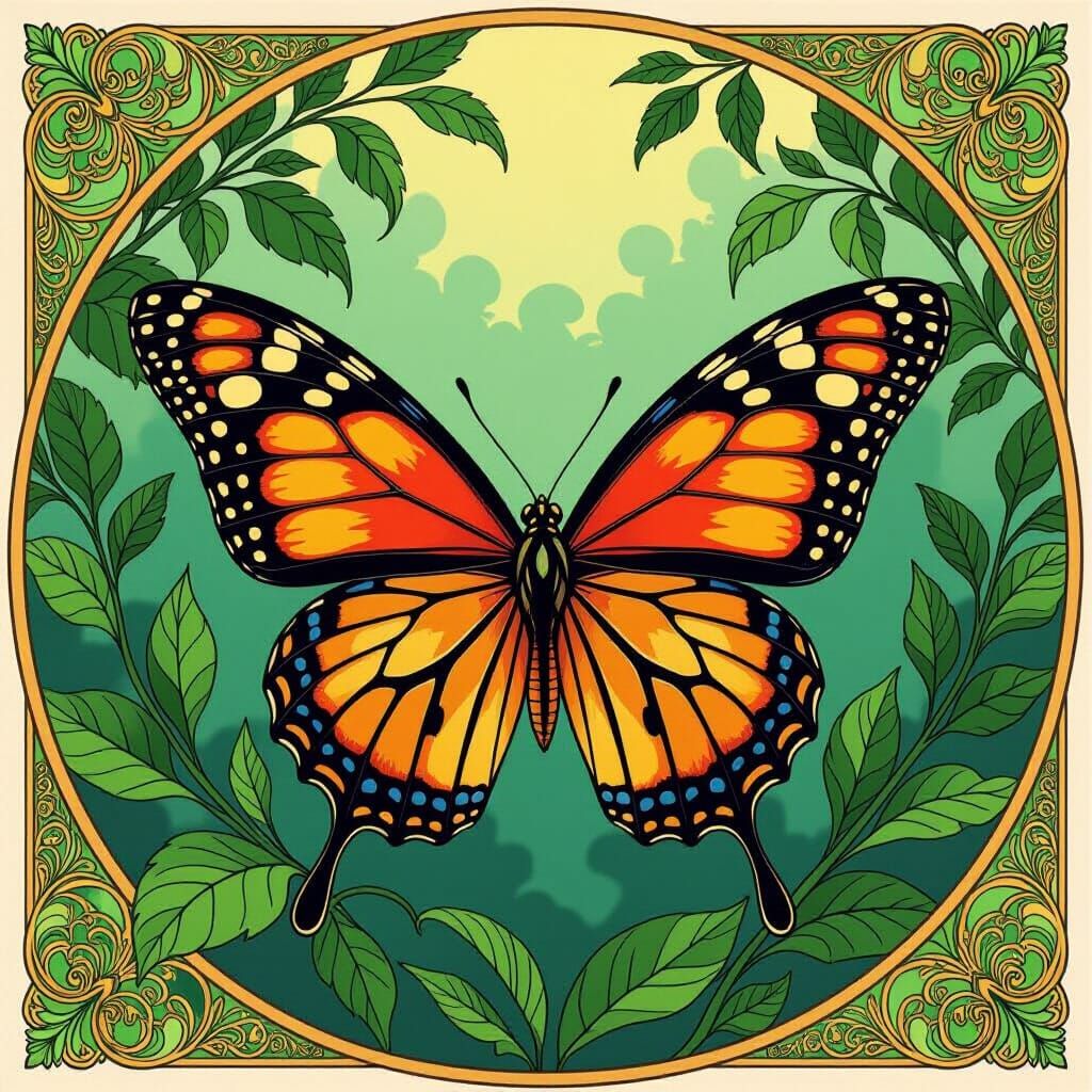 Art Nouveau Butterfly with Lush Foliage
