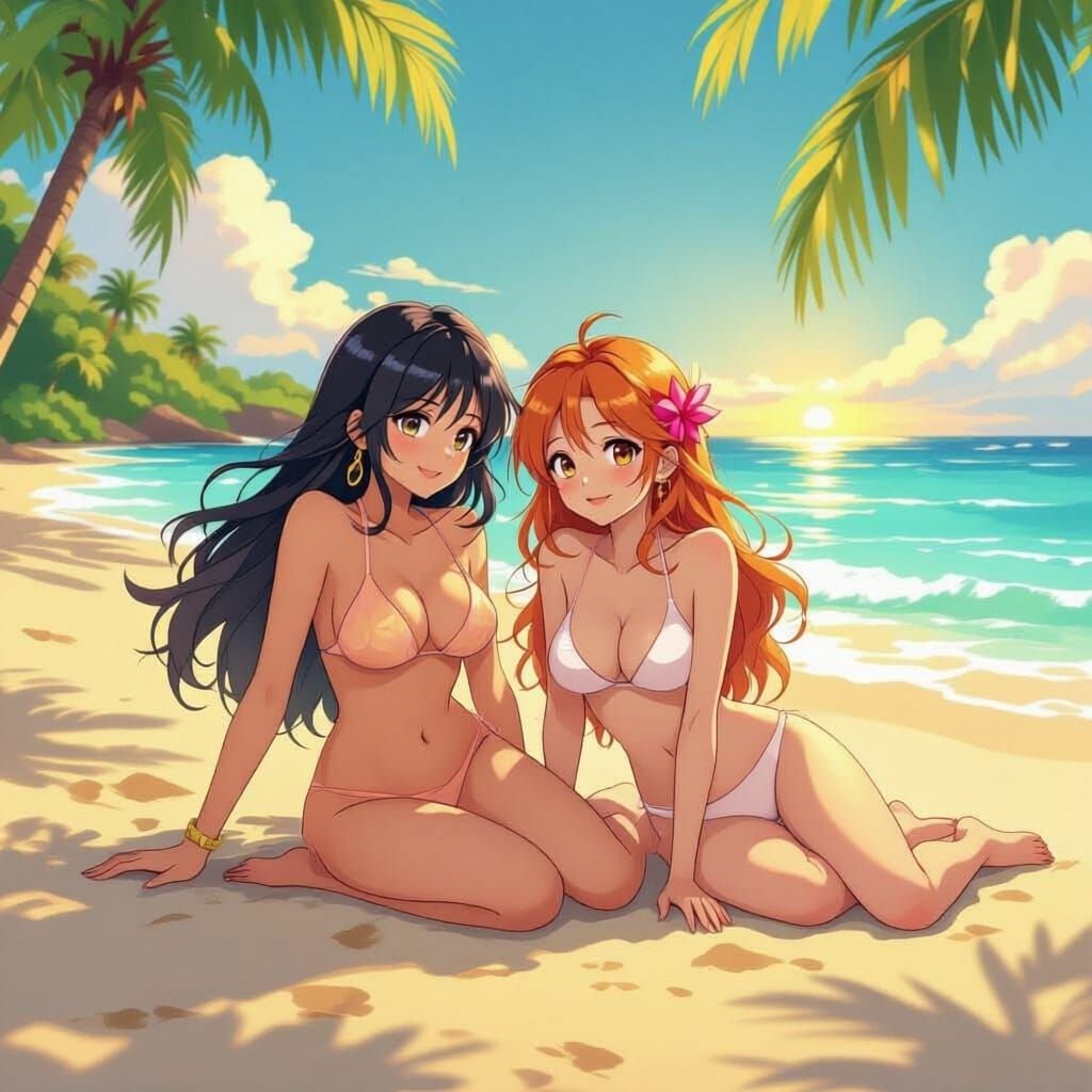 Nami and Robin Relaxing on Tropical Beach in Anime Style
