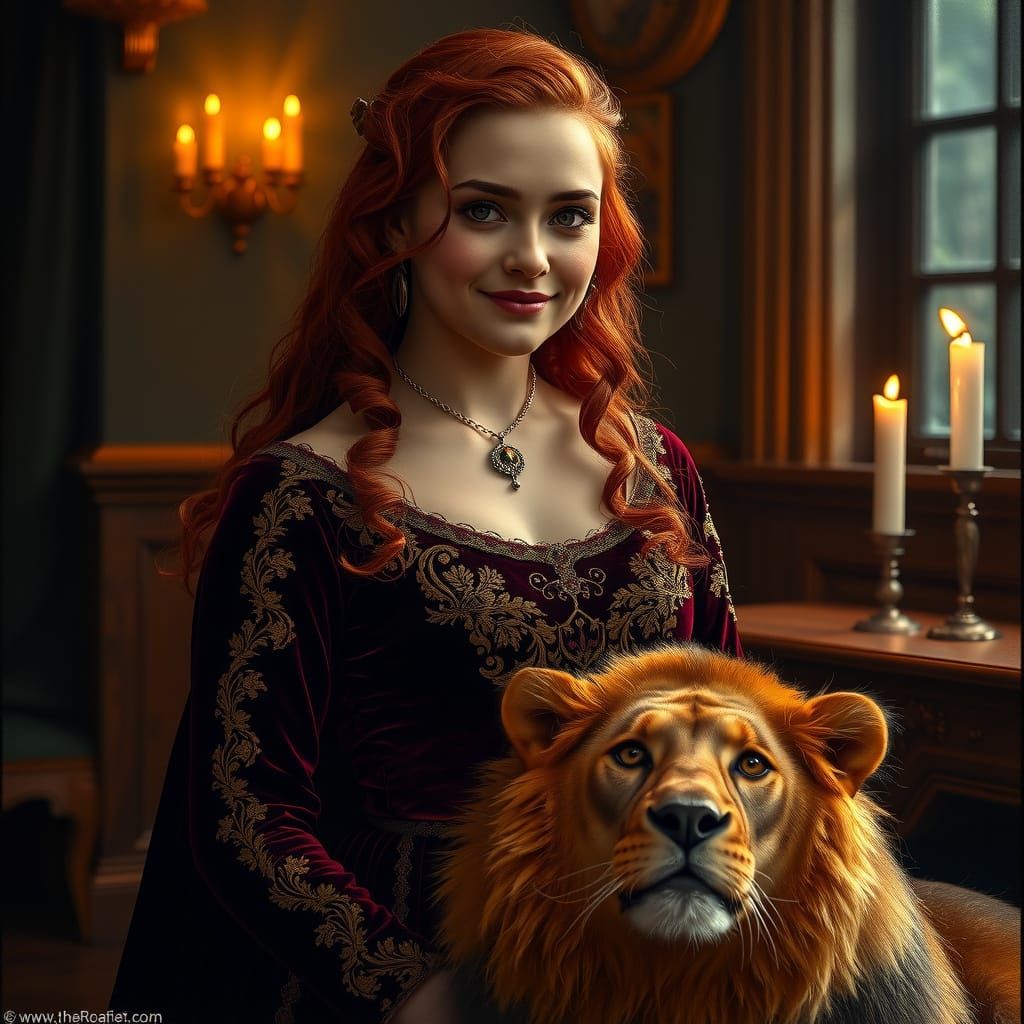 Elegant Lady in Velvet Gown with Regal Lion