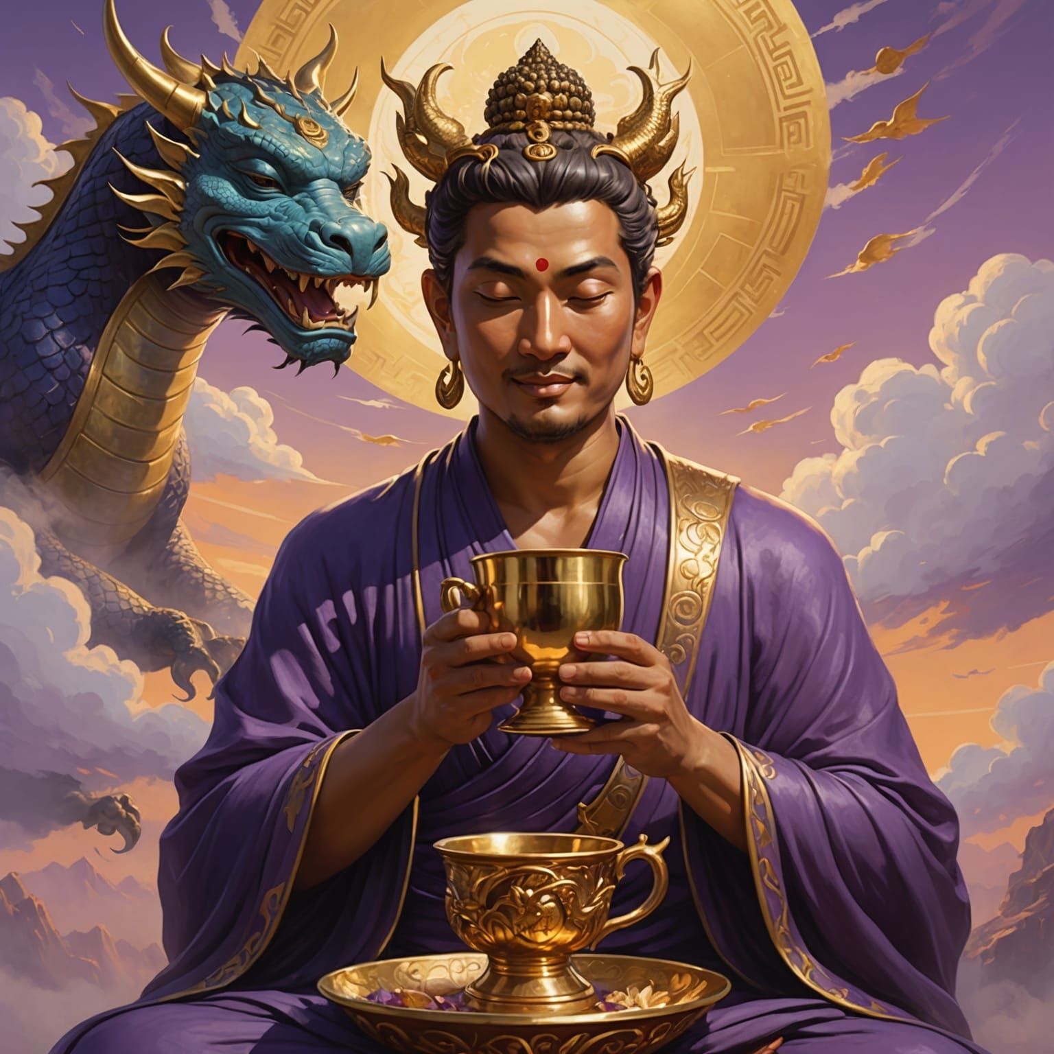 Buddhas Drinking Elixir on Cloud with Dragon, Digital Art