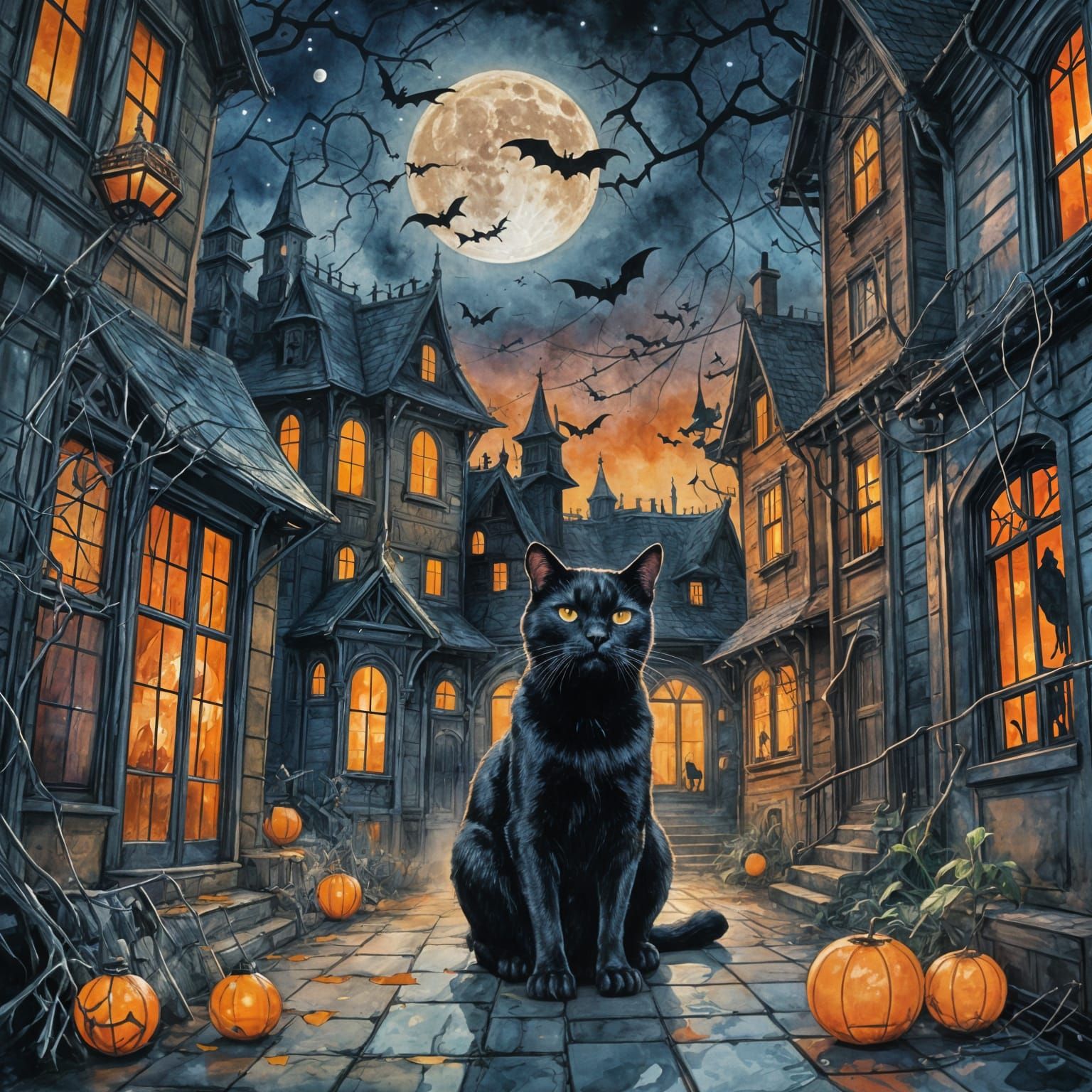 Haunted Victorian House with Black Cat in Watercolor