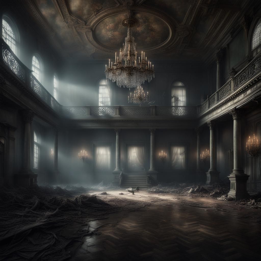 Eerie Abandoned Ballroom with Ghostly Figures