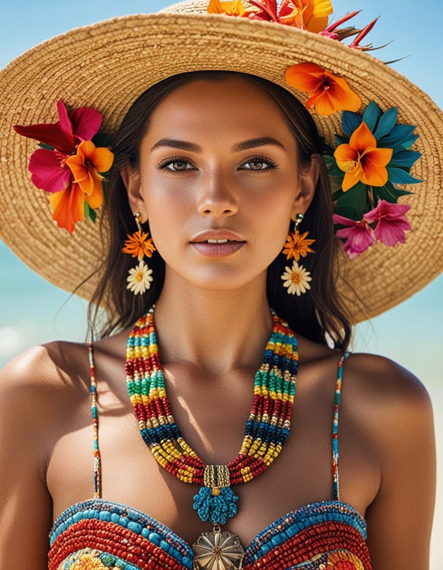 Woman in Tropical Beach Portrait with Flower Hat