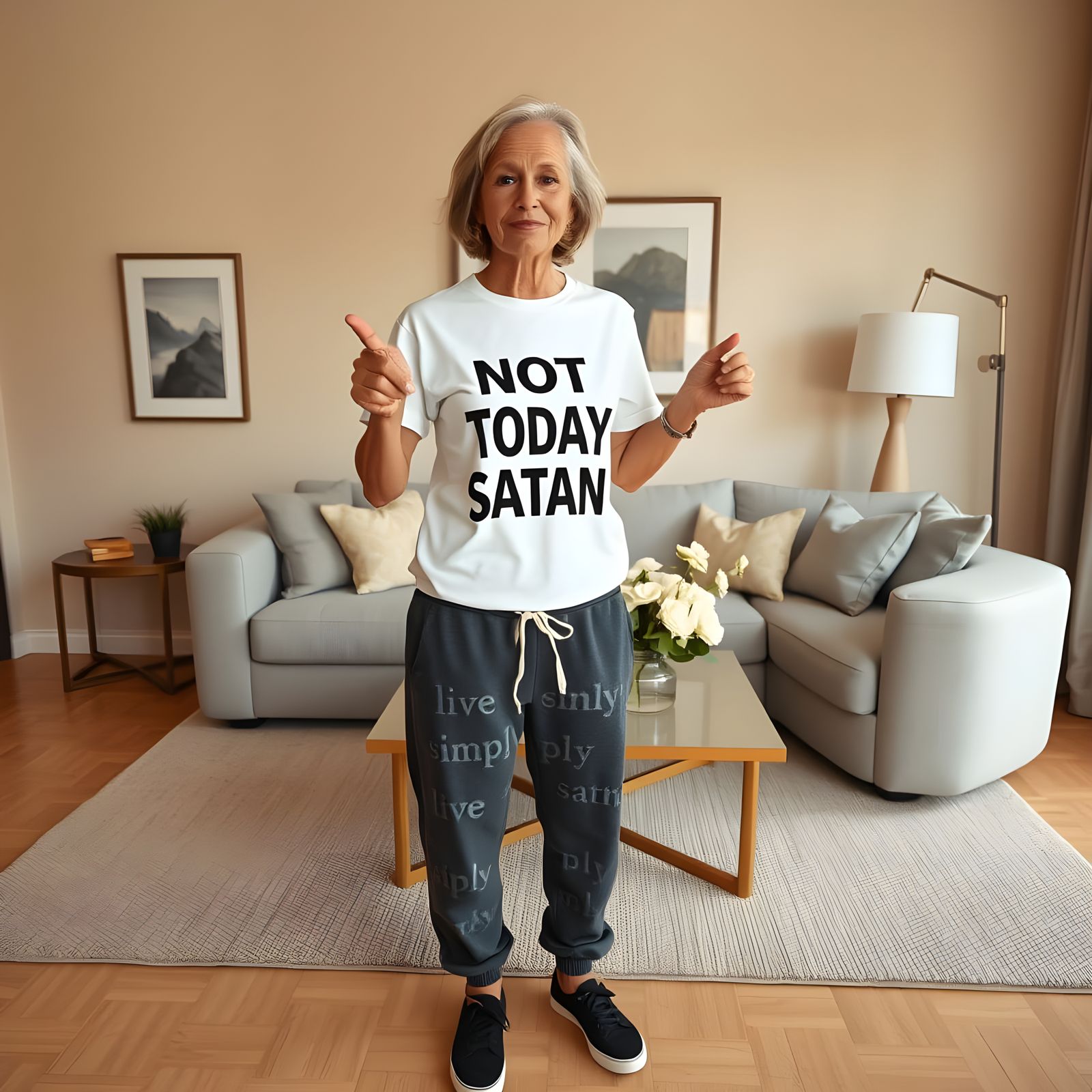 Relaxed Woman Pointing in Cozy Living Room