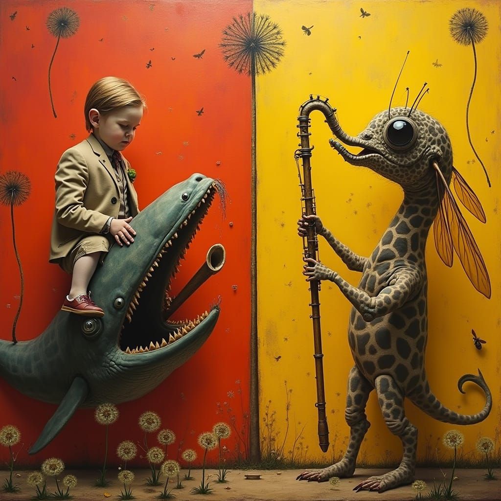 Surreal Dürer-Inspired Painting of Whimsical Creatures