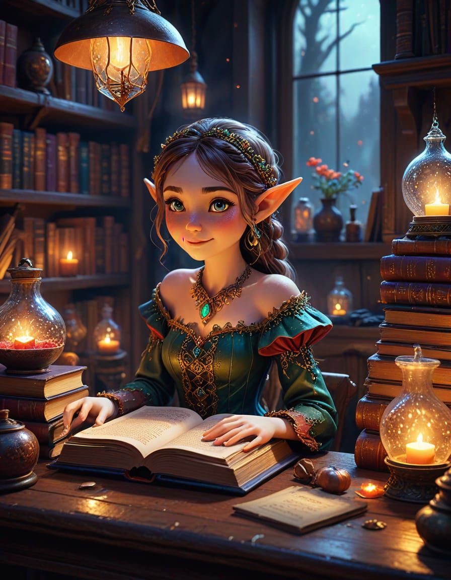 Cozy Elf Workspace with Spellbooks and Potions
