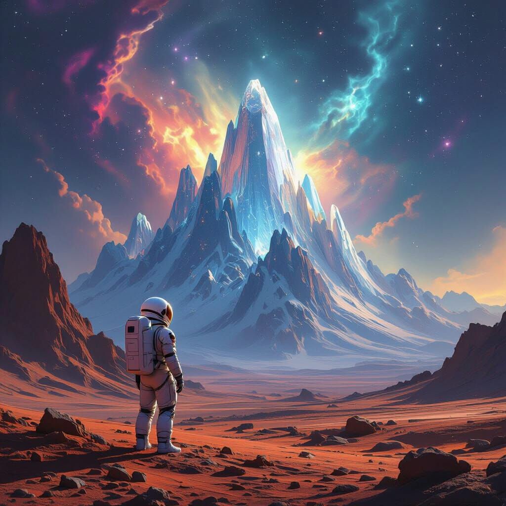 Astronaut on Alien Planet Gazing at Crystal Mountains