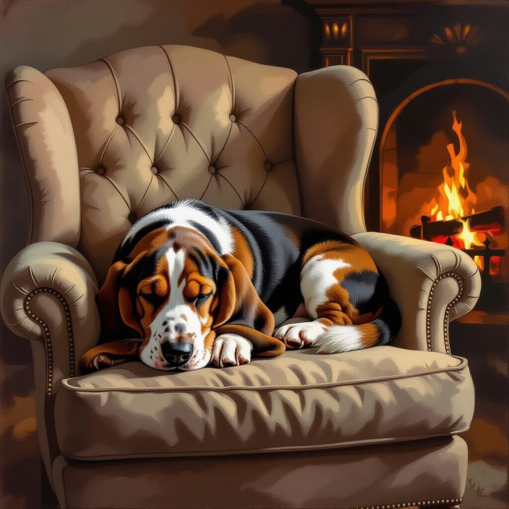 Sleepy Basset Hound on Antique Armchair in Firelight