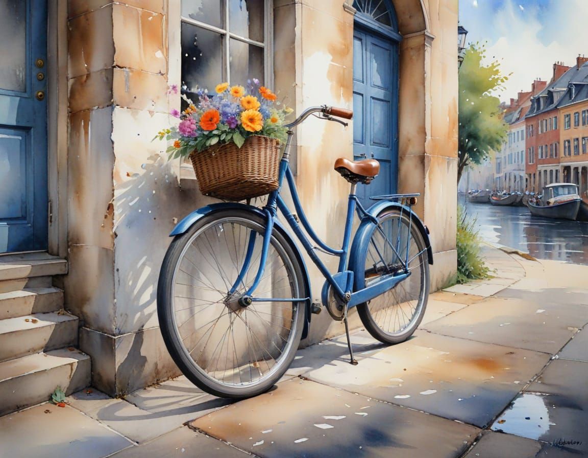 Dutch Bicycle Leaning by Canal in Watercolor Style