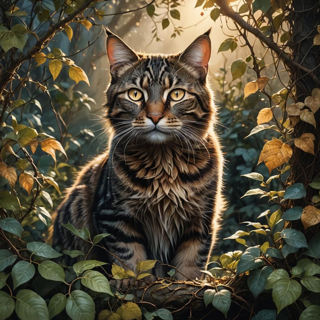 Brown Tabby Cat Hiding in Bramble Bush