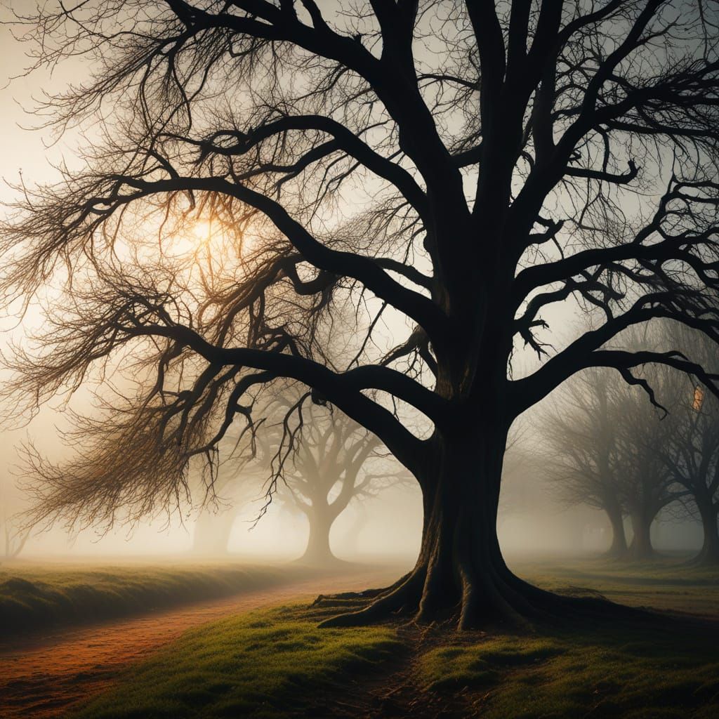 Mystical Tree in Mist: Surreal Oil Painting