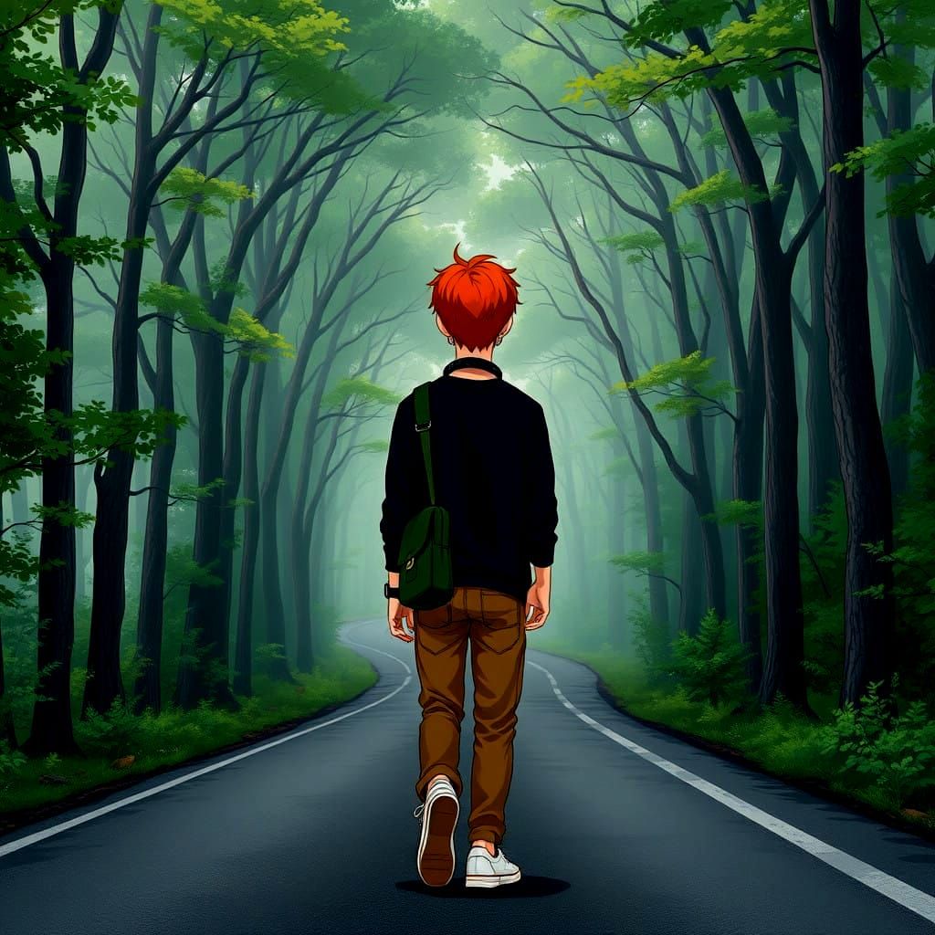 Teenage Boy Walking Through a Dark Forest