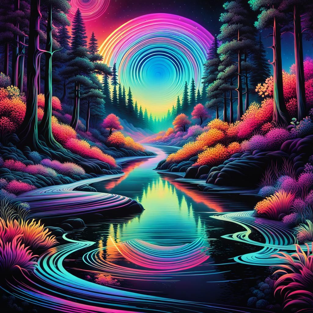 Astral Landscape with Glitching Lines in Psychedelic Style
