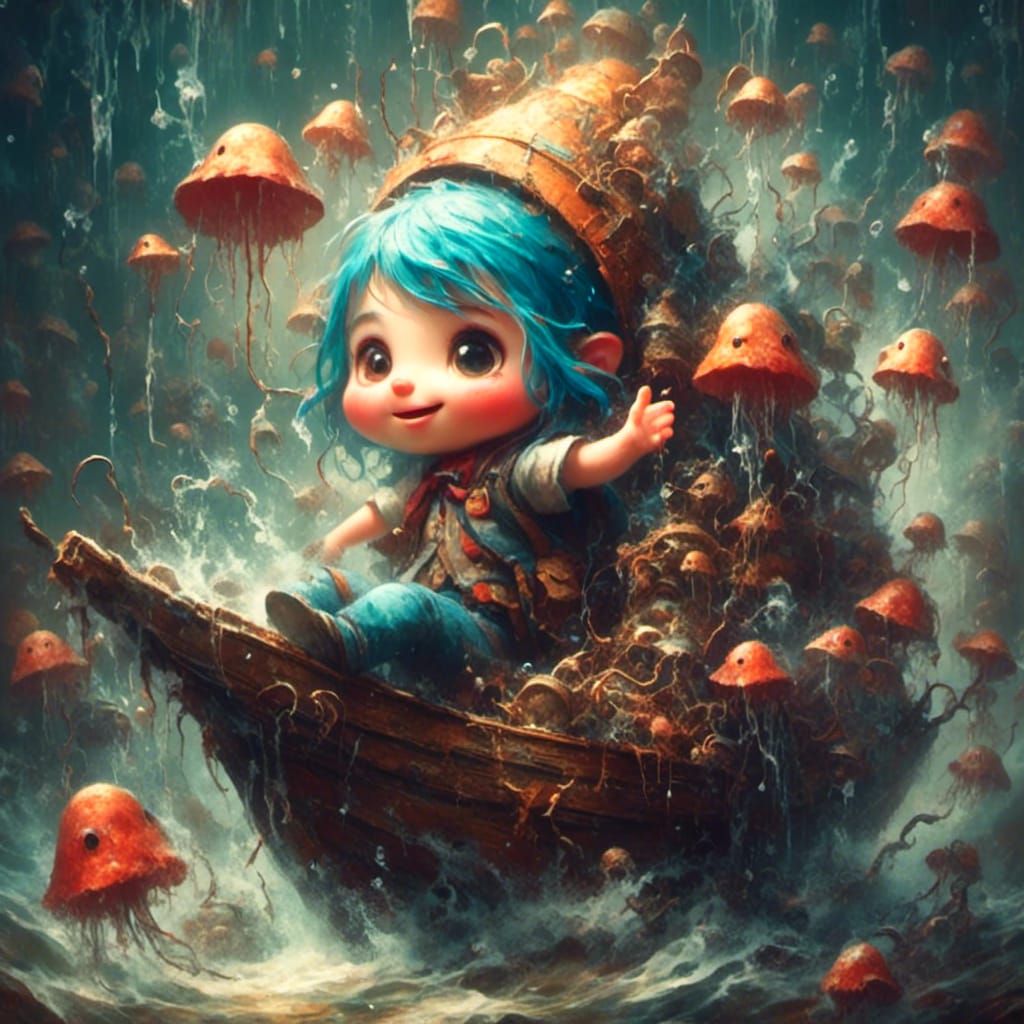 Laughing Shark Girl in Sunken Ship: 3D Digital Art