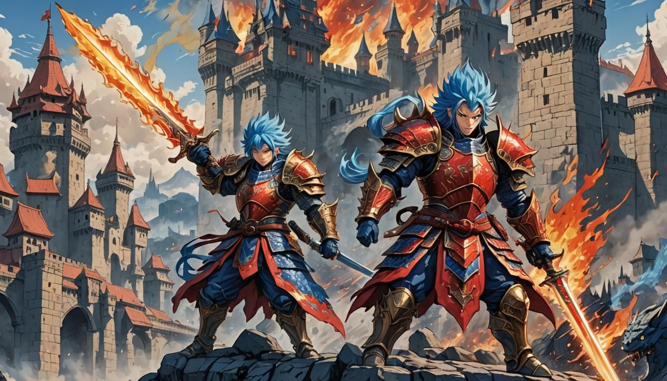 Blue-Haired Warrior Battles Dragon in Toriyama Style