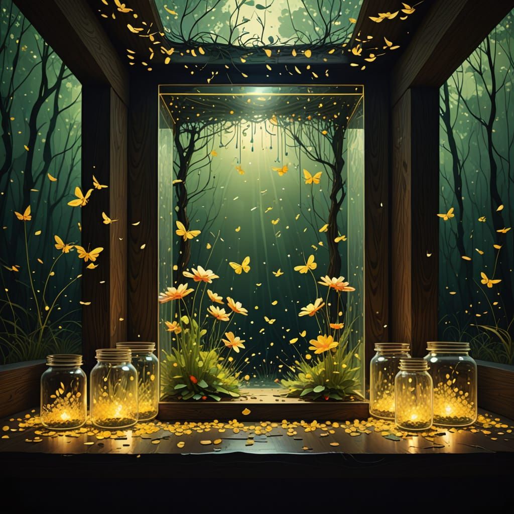 Magical Shrine Interior with Fireflies, Abstract Style
