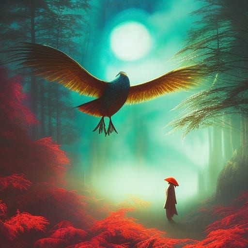 Giant Bird Monster in Forest: Digital Mixed Media