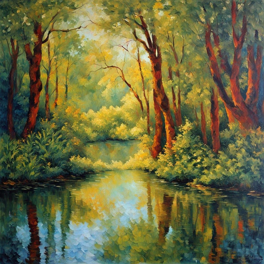 Mirrored Jungle Landscape: Serene Reflection in Painterly St...