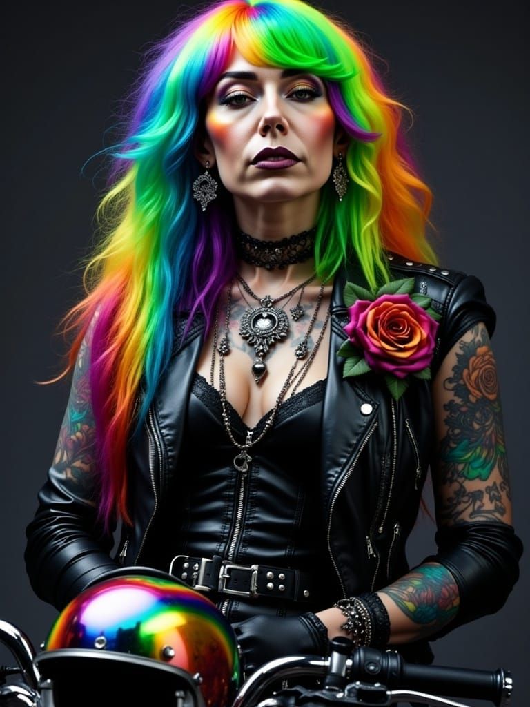 Tattooed Rock Rebel Rides with Rainbow Hair