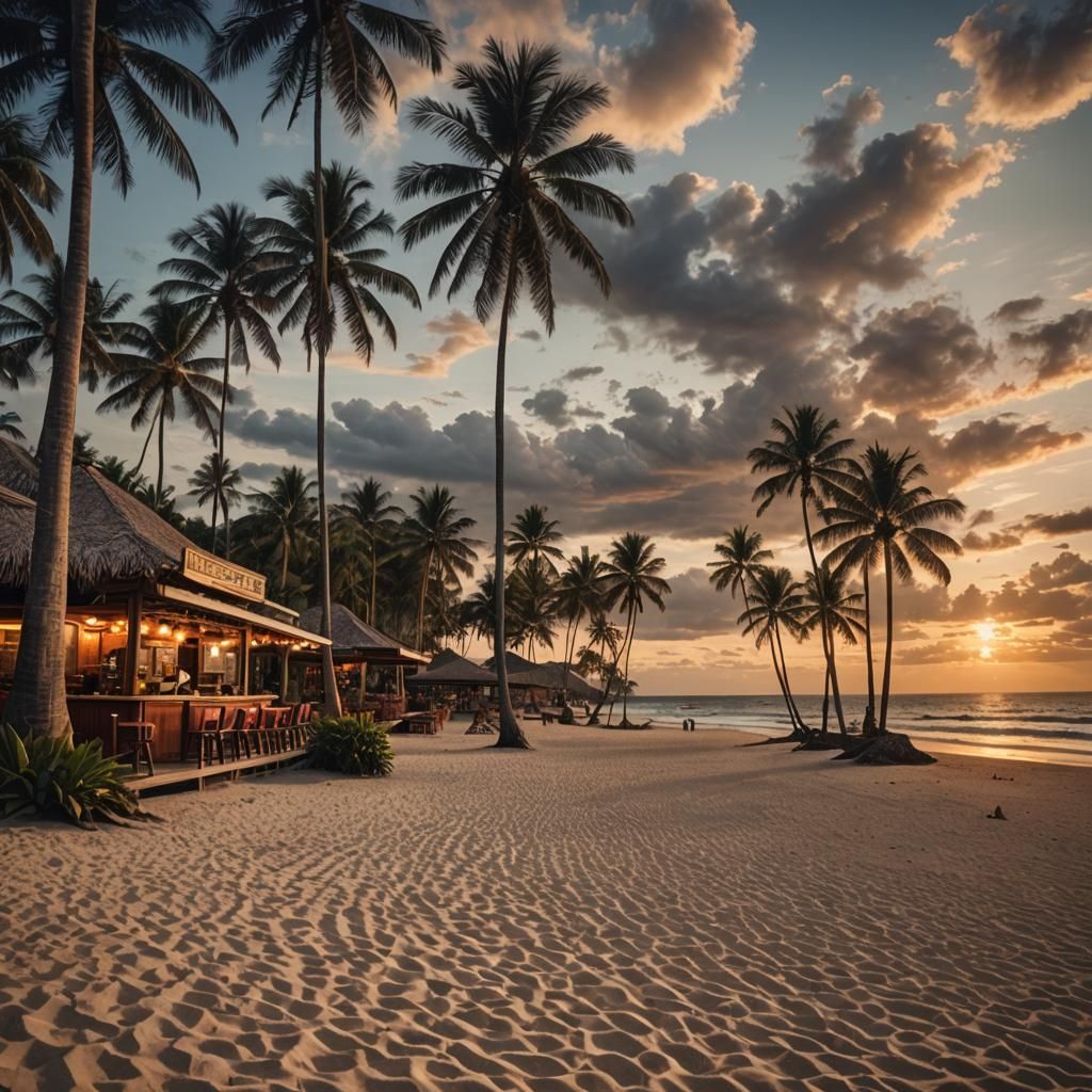 Tropical Beach at Sunset: Hyperrealistic Wide-Angle View