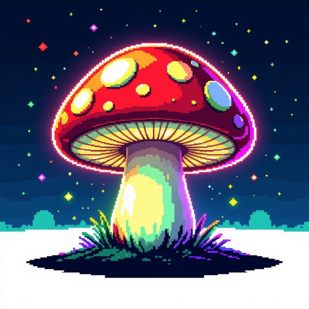 Glowing Neon Pixelated Mushroom: Retro-Futuristic Art