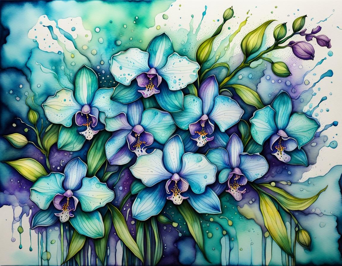 Orchid Flowers in Surrealist Watercolor and Ink