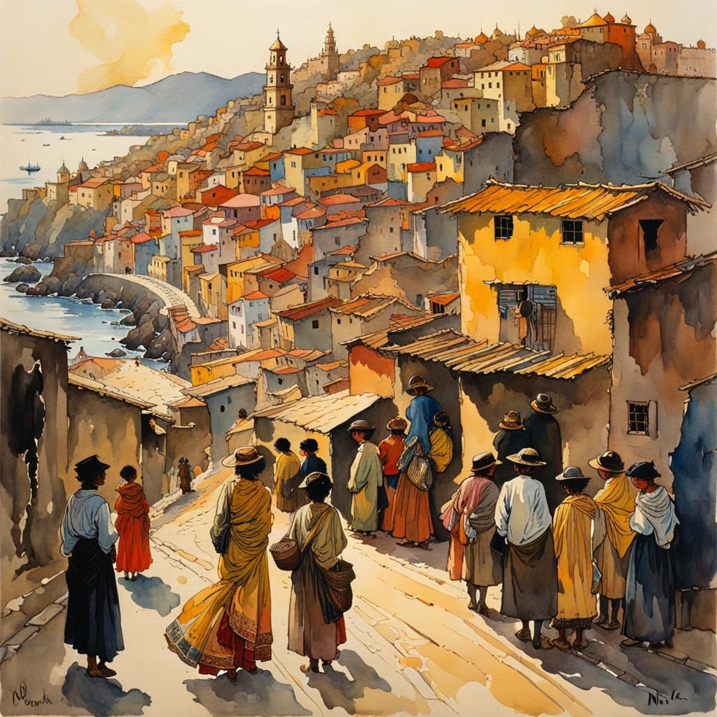 Children in Lima: Watercolor Painting with Golden Outlines