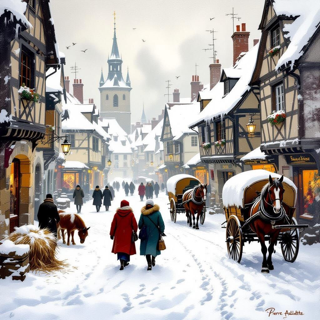 Winter Town Square Scene in Impressionist Style