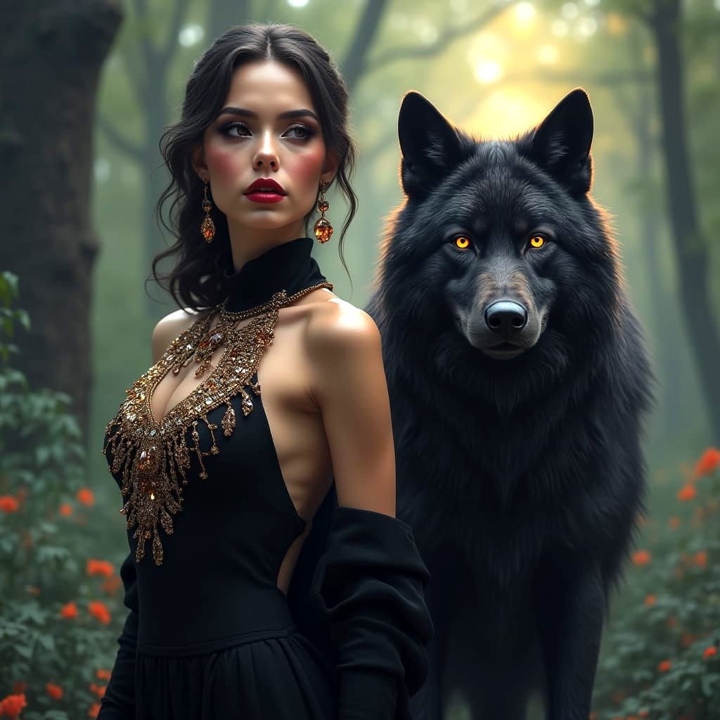 Ethereal Dark Fantasy Goddess with Black Wolf