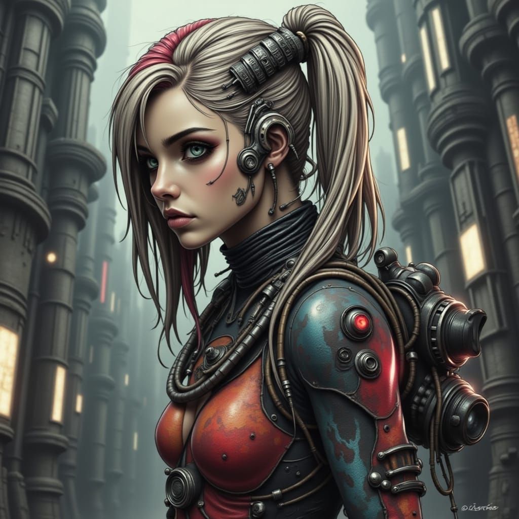 Cyberpunk Woman with LED Tattoos in Biomechanical Style