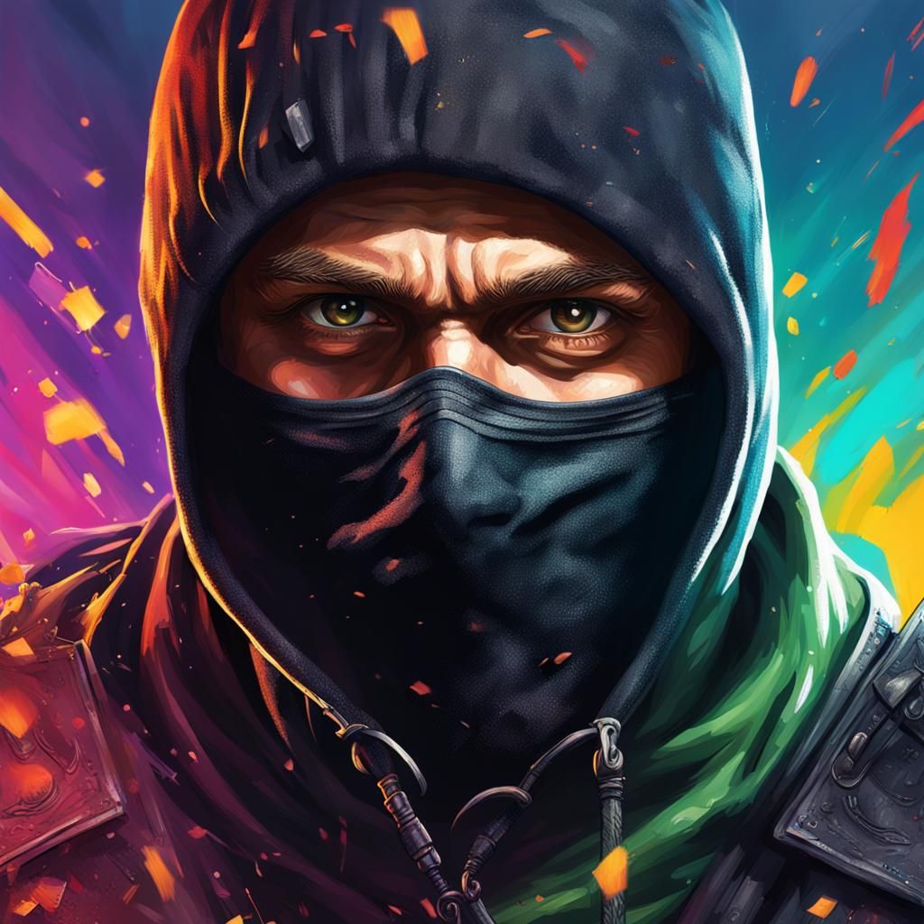 Hyperrealistic Thief in Balaclava Splash Art Portrait