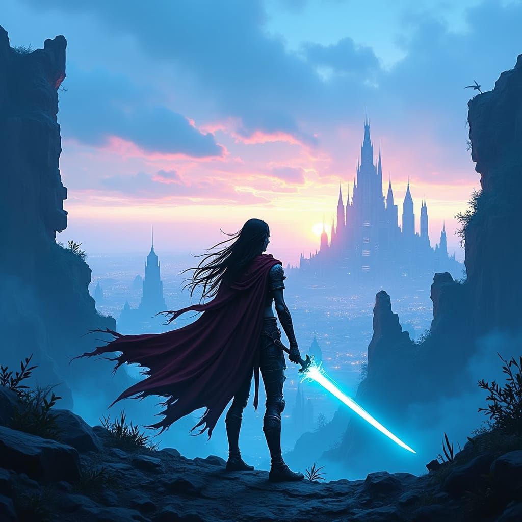 Cybernetic Warrior Girl Overlooks Futuristic Cityscape at Du...