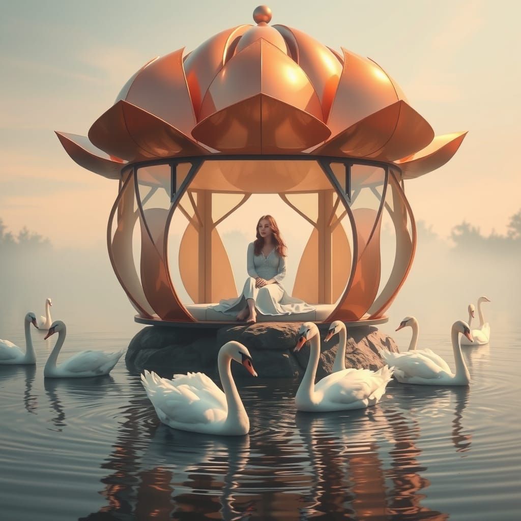 A shiny gazebo in the form of a lotus flower. Gazebo build on a rock in a pond, swans swimming around