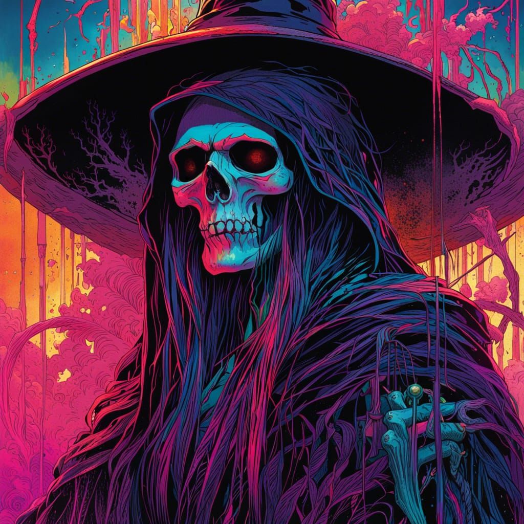 Synthwave Witch Grim Reaper in Neon Colors