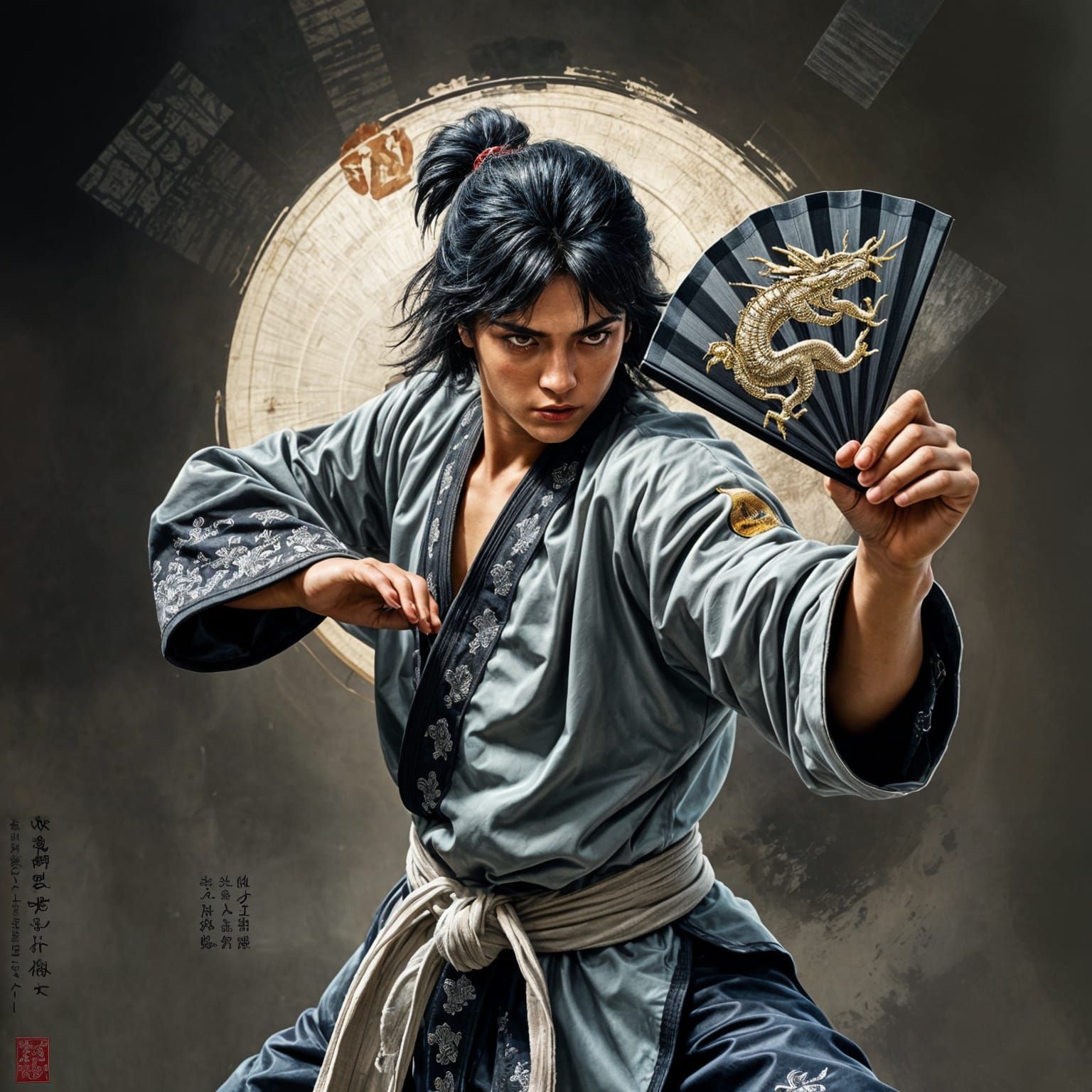 Karateka in Dramatic Pose with Dragon Fan