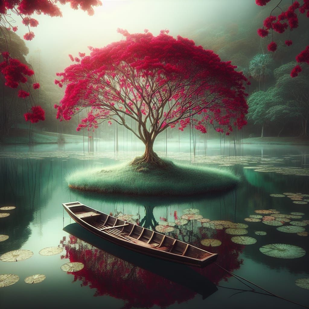 Red Sakura Tree on Island in Romantic Style